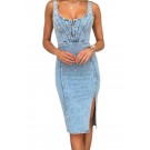 Women's Denim Dress Sleeveless Side Slit Bodycon Midi Jean Scoop Neck Dresses