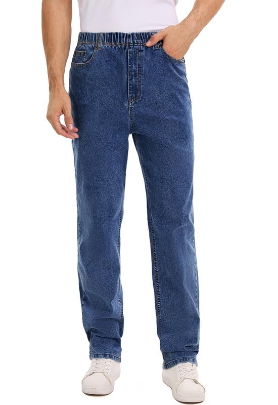 Men's High Elastic Waist Jeans Relaxed Fit Straight Leg Stretch Denim Jeans