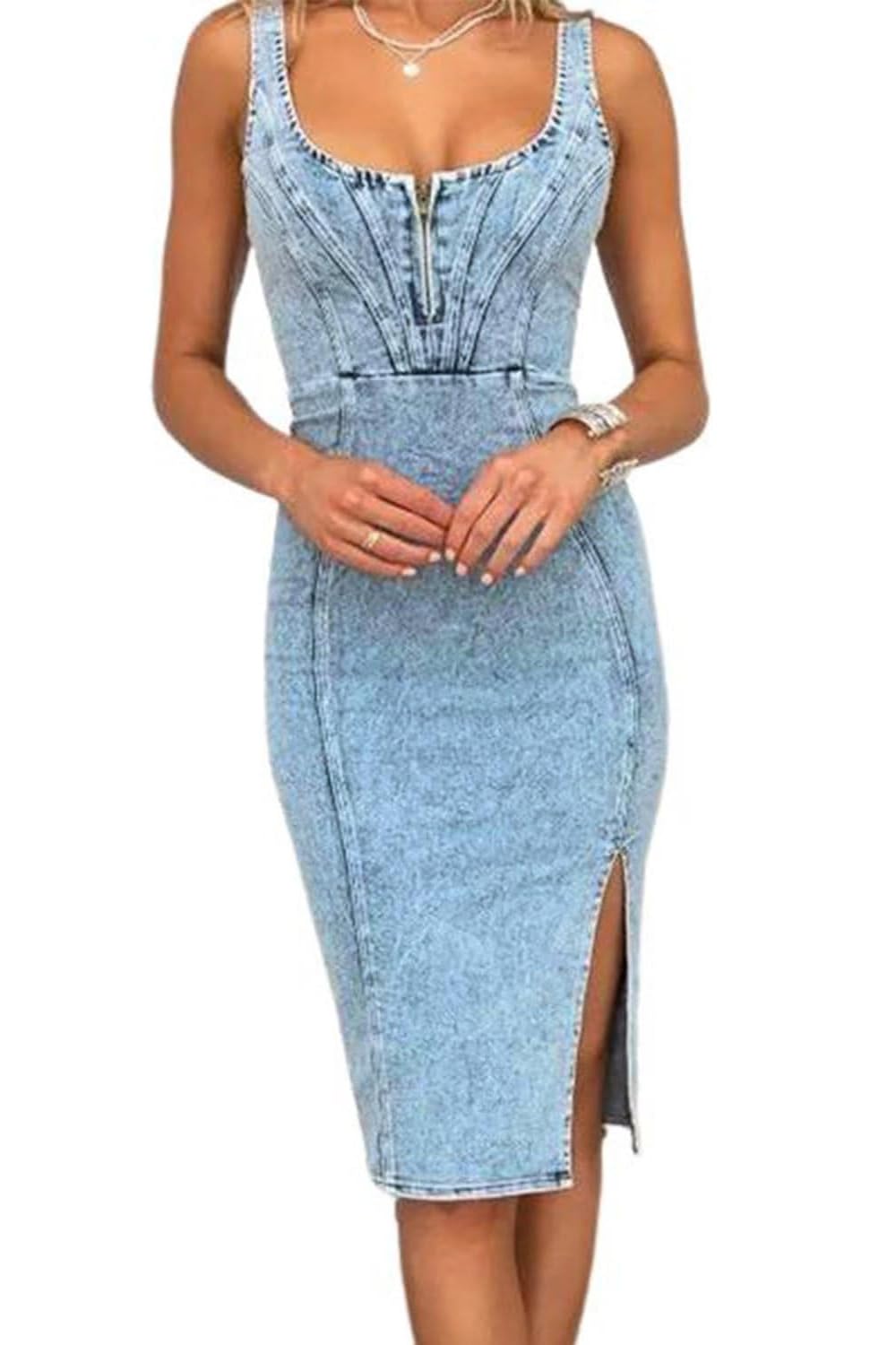 Women's Denim Dress Sleeveless Side Slit Bodycon Midi Jean Scoop Neck Dresses