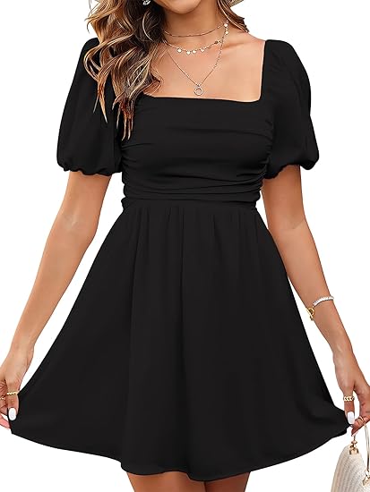 Womens Summer Short Dress Casual Puff Sleeve Off Shoulder Sundress Wedding Guest Graduation